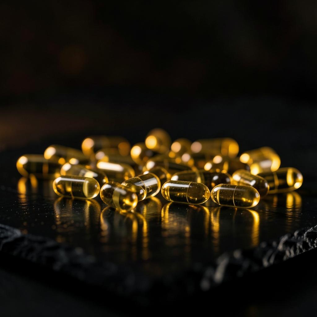 Golden Alfaton supplement capsules on a dark slate surface